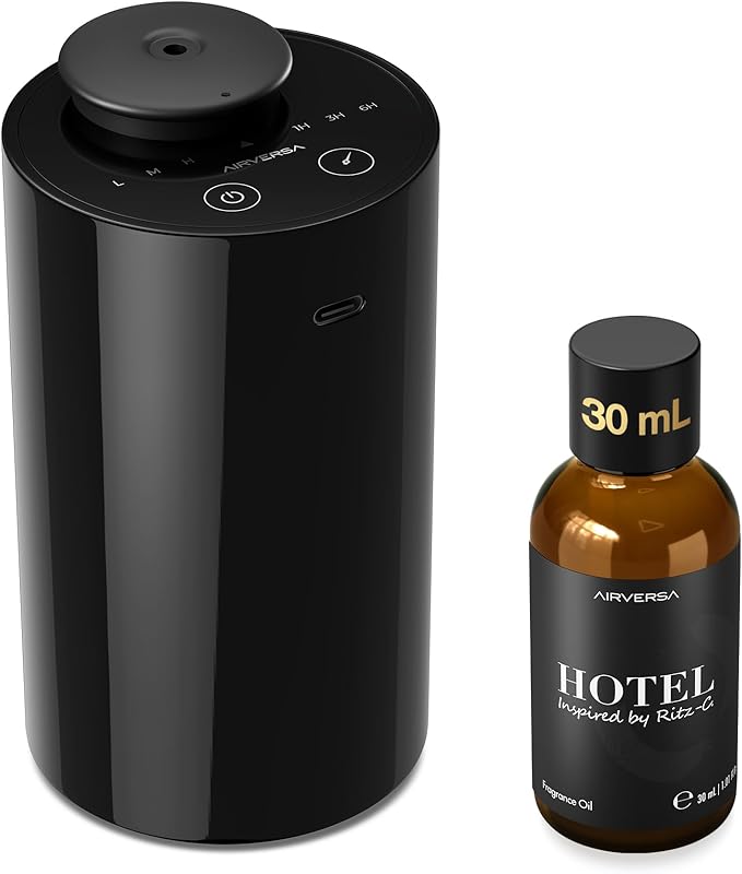Airversa Waterless Essential Oil Diffuser Starter Kit with 30mL Hotel Fragrance Oil Inspired by Ritz-C., Battery Operated Car Diffuser, Portable Aroma Nebulizer for Home Car Office, AN6Kit-2, Black - Bloomnest