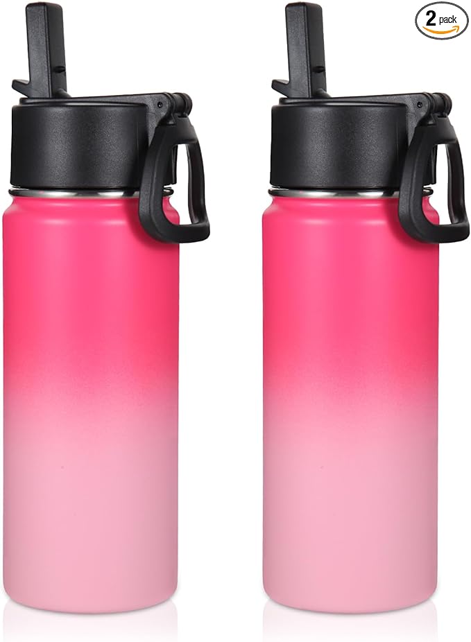 Volhoply 16 OZ Kids Water Bottle Bulk 2 Pack,Insulated Sports Bottles with Straw Lid,Stainless Steel Bottle with Handle Keep Cold & Hot,Double Wall Vacuum Tumbler Cups for School,Girls(Peach, 2) - Bloomnest