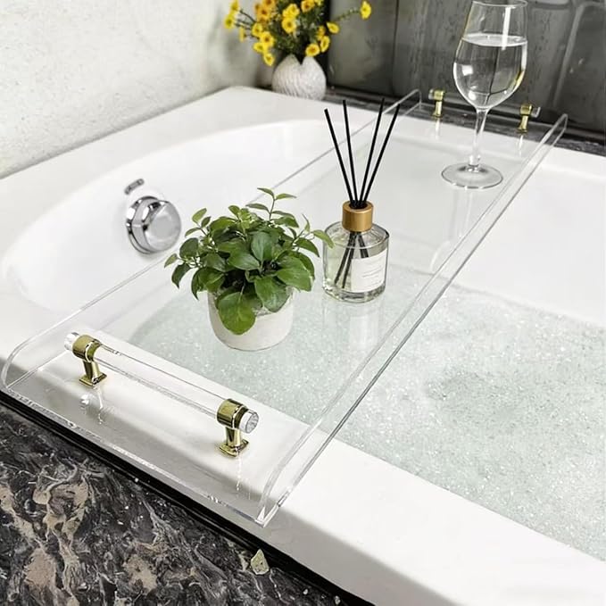 WANLIAN 33inch Luxury Bathtub Caddy Tray for Bathroom Bath tub Table Caddy Shelf for Shower Storage Organizer tub Accessories for Bath tub Table Caddy (Gold-Clear) - Bloomnest