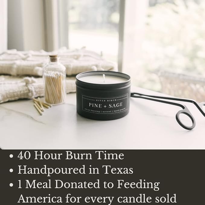 River Birch Candles Pine + Sage Scented Candle | Premium, All-Natural, Non-Toxic, Soy Candles | 8 oz. Black Matte Tin Travel Candle | Cozy Relaxing Gifts for Home - Bloomnest