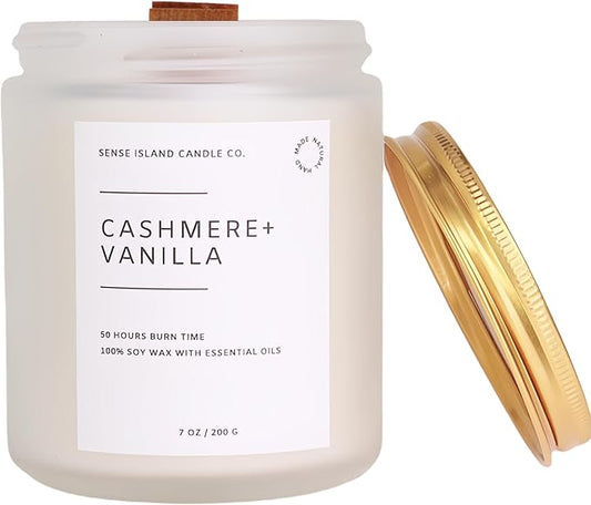 Crackling Wood Wick Vanilla Cashmere Scented Candle Natural Soy Wax 50 hrs Long Lasting Hand-Poured Highly Scented Crackle Wooden Wick Soothing Sound - Bloomnest