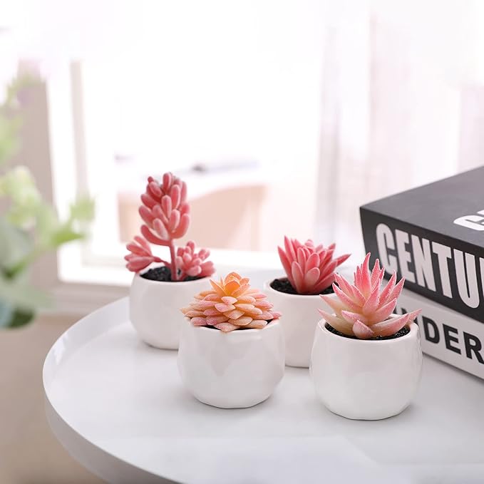 Tiita Artificial Faux Succulents in Pots, Pink Fake Plants Ceramic Arrangement Planter for Women Desk Small Mini Tiny Decoration for Home Office Desk Window 4 Set, Pink - Bloomnest