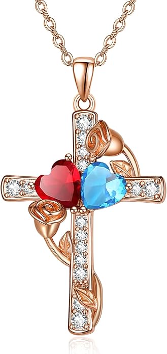 Rose Gold Dual Birthstones Cross Necklace for Women Rose Flower Jewelry Anniversary Christmas Mother's Valentine's Day Birthday Gift for Wife Girlfriend Mom - Bloomnest