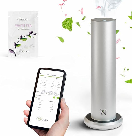 Dynamo Hotel Scent Diffuser – Cold-Air Essential Oil Diffuser for Home & Large Rooms up to 1000 sq ft, App & Manual Control, Hypoallergenic, Includes White Tea Fragrance Sample – Silver - Bloomnest