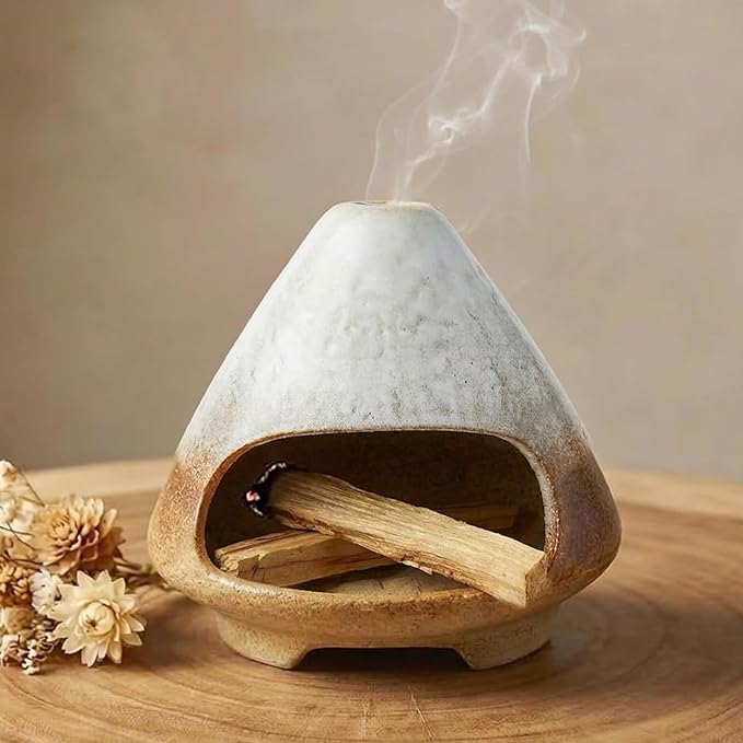 CEREMONY Palo Santo Holder -Mini Ceramic Incense Holder for Palo Santo and Sticks - White Sage Holder for Meditation Decor Ceremony Incense with Glass Gray Collector (Brown-Mount Fuji) LifeNeedsAlittleofCeremony