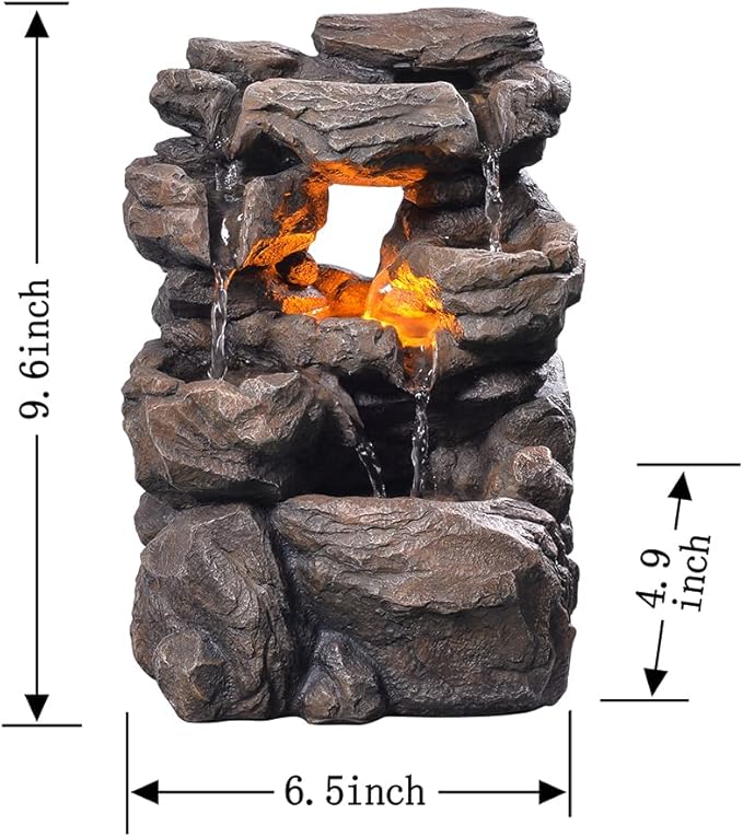 Cascading Indoor Tabletop Water Fountains with LED Light - Rockery Waterfall Fountain - Quiet and Relaxing Water Sound - Small 9.7 Inch Desktop Size - Home/Office Decor - Bloomnest