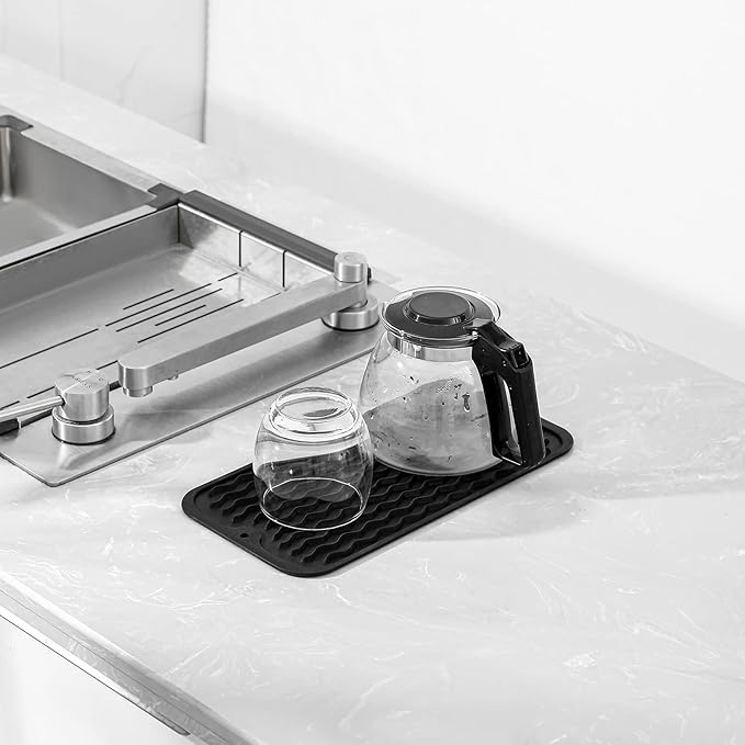 Silicone Dish Drying Mat for Multiple Usage,Easy clean,Eco-friendly,Heat-resistant Silicone Mat for Kitchen Counter or Sink,Refrigerator or Drawer Liner Black S 12 inches x 6 inches - Bloomnest