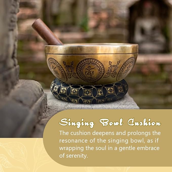Singing Bowl Cushion for Tibetan Singing Bowls, Handmade Silk Brocade Round Cushion Pillow for Sound Healing and Crystal Sound Bowls Accessories(6.7 Inch,BlackGold) - Bloomnest