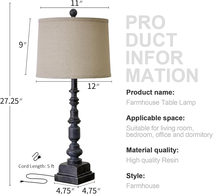 Oneach 27.75” Vintage Farmhouse USB A+C Table Lamps Set of 2 for Living Room Bedroom Traditional Bedside Nightstand Lamp Retro Resin Lamps Linen Shade Nightstand Home Office Antique Black Accent - Bloomnest
