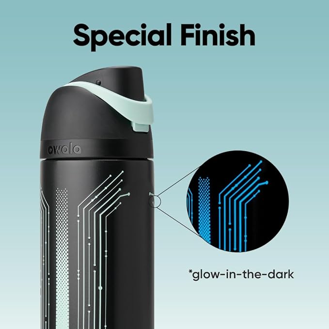 Owala TRON FreeSip Insulated Stainless Steel Glow in the Dark Water Bottle with Straw for Sports and Travel, BPA-Free, 24 oz, Black Owala