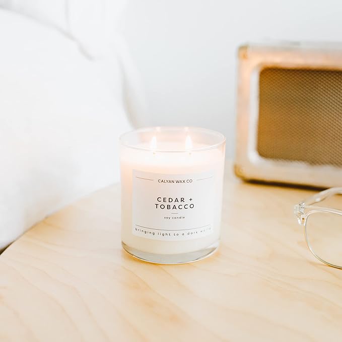 Calyan Wax Co. 2 Wick Candle, Cedar + Tobacco Scented Candle, 37 Hour Burn Time, Aromatherapy Soy Candles, Non Toxic & Vegan Soy Wax, Glass Tumbler Scented Candles, 8.8oz - Bloomnest