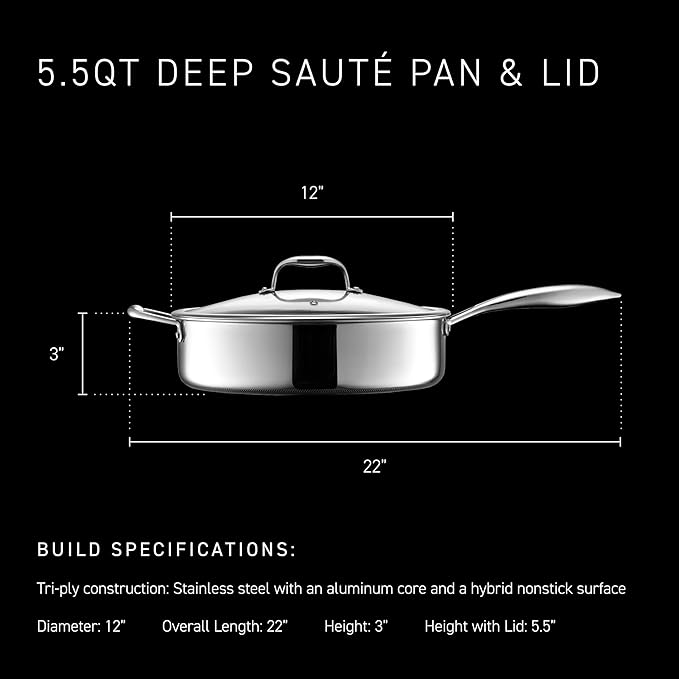 HexClad Hybrid Nonstick 5.5-Quart Deep Sauté Pan with Tempered Glass Lid, Stay-Cool Handle, Dishwasher-Friendly, Oven-Safe Up to 900°F, Induction Ready, Compatible with All Cooktops - Bloomnest