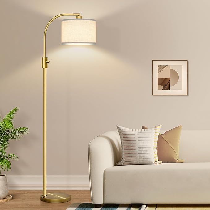 Brass Arc Floor Lamp - Dimmable LED with White Shade for Living Room, Bedroom, Office & More - Bloomnest