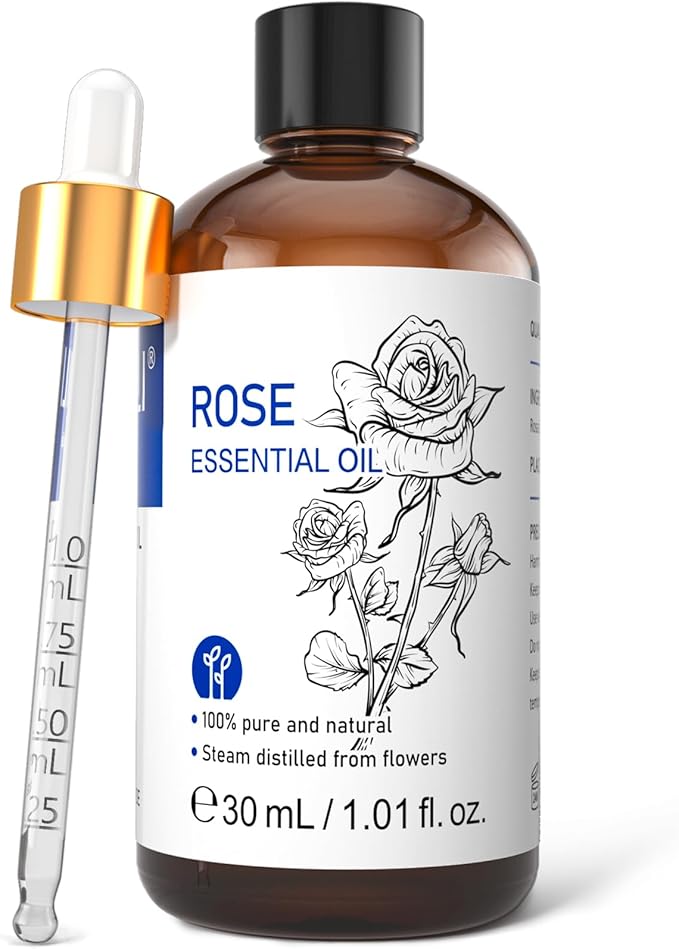 HIQILI Rose Essential Oil 1 Fl Oz, 100% Natural Therapeutic Grade for Aromatherapy, Diffuser, Skin Care, Massage, Includes Premium Quality Glass Dropper - Bloomnest
