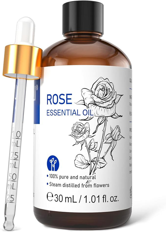 HIQILI Rose Essential Oil 1 Fl Oz, 100% Natural Therapeutic Grade for Aromatherapy, Diffuser, Skin Care, Massage, Includes Premium Quality Glass Dropper - Bloomnest
