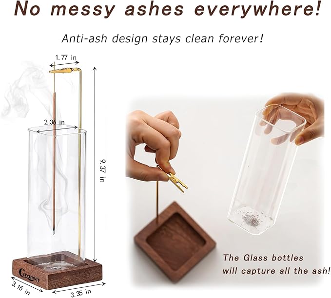 Ceremony Incense Holder, Wooden Incense Holder for Sticks with Glass Ash Catcher, Anti-ash Incense Burner with 20 Incense Sticks and a Ash Brush for Meditation Yoga Spa Room Decor - Bloomnest