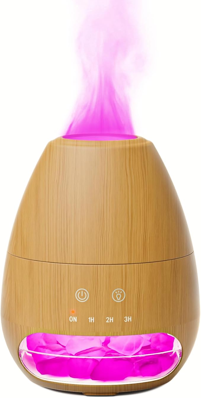 Ultrasonic Essential Oil Diffuser with Himalayan Salt Rock,Flame Diffuser with 7 LED Light,100ML Small Aromatherapy Oil Diffuser with Auto Off Function for Home, Office,Spa,Wooden Grain - Bloomnest