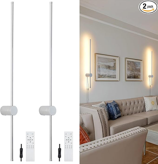 Modern Chrome Plug in Wall Sconce with Remote, Dimmable 31.5" LED Wall Sconces Set of Two with Memory Function, Adjustable Color Temperature Brightness, Timer, 350° Rotate, Hardwire or Plug-in - Bloomnest