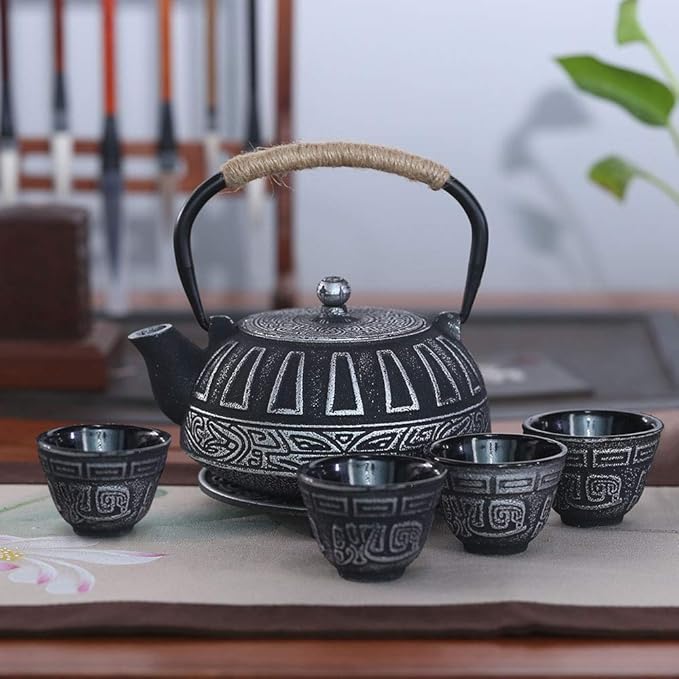 Cast Iron Teapot Set Japanese Style Tea Kettle with Infuser, Enameled Interior Cast Iron Tea Pot with 4 Teacup for Stove Top, Handmade Gift for Friend (28 Ounce, Black) - Bloomnest