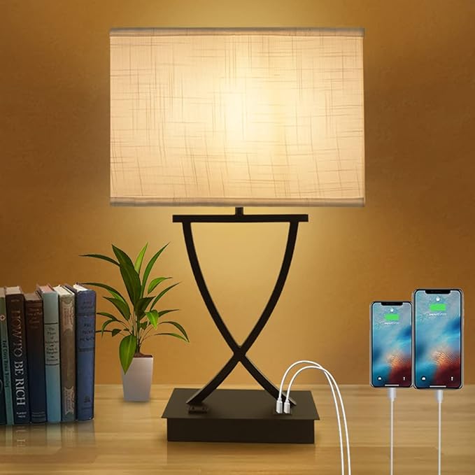 3-Way Dimmable Touch Control Medium Table Lamp with Type C/USB Charging Port and 1 AC Outlet White Shade 21.38" Bedside Nightstand Lamp for Bedroom Living Room Office and Hotel Bulb Included - Bloomnest