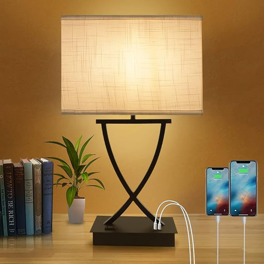 3-Way Dimmable Touch Control Medium Table Lamp with Type C/USB Charging Port and 1 AC Outlet White Shade 21.38" Bedside Nightstand Lamp for Bedroom Living Room Office and Hotel Bulb Included - Bloomnest