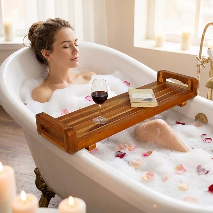 EcoDecors, 34 inch, with LiftAid Handles, Bath Tray for Tub, Bath Tub Tray Wood, Bathtub Table, Caddy for Bathtub in Natural Teak - Bloomnest
