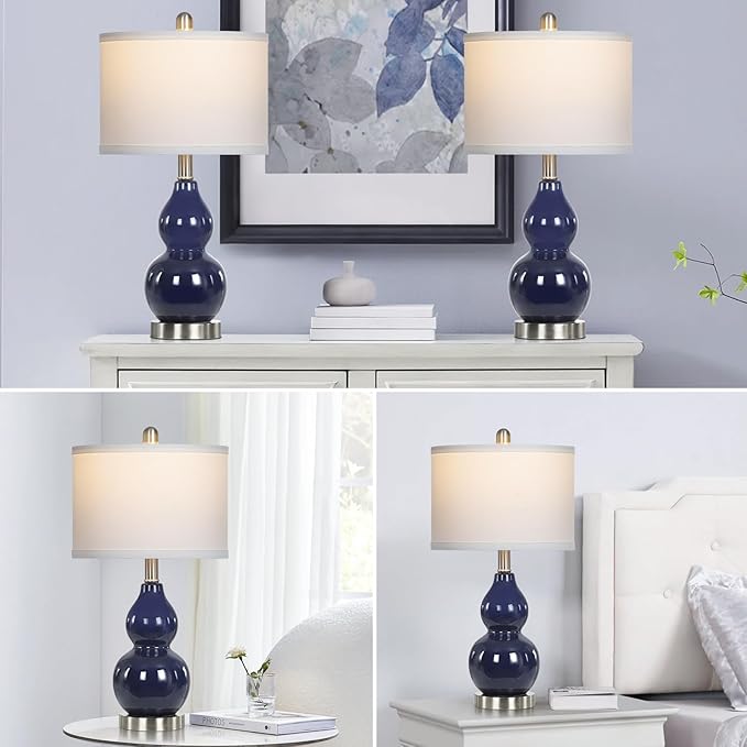 Double Gourd Ceramic Table Lamps Set of 2, Modern Navy Blue Bedside Lamps for Night Stand, Contemporary Nightstand Lamps for Bedroom Living Room (Bulb Included) - Bloomnest
