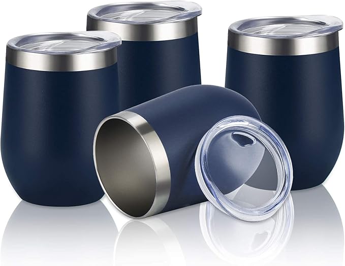 Lifecapido 4 Pack 12Oz Stainless Steel Stemless Wine Glasses, Insulated Wine Tumbler, Stainless Steel Wine Tumbler Cups with Lids and Straws for Coffee, Cocktails, Wine, Champaign, Navy Blue - Bloomnest