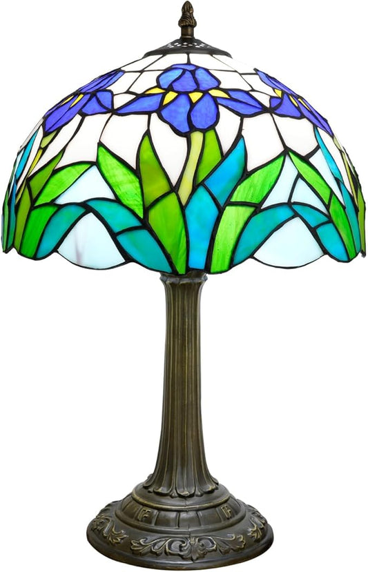 Tiffany Lamp Rural Style Green Blue Iris Flower Stained Glass Lamps Reading Bedside Bedroom Table Lamp Living Room end Kitchen Hotel Bar Home Small Space Decor Metal Base 12X19 Inche LED Vintage Lamp - Bloomnest