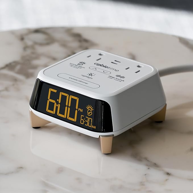Brandstand CubieTime Zen White | Alarm Clock Charger with White Noise and Sunrise Alarm | 2 USB-C Ports | 2 Tamper Resistant Outlets |Night Light