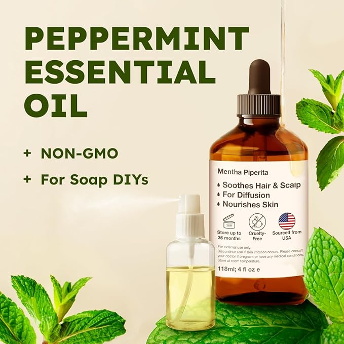 KUKKA Peppermint Essential Oils - 4 Fl Oz - for Hair, Skin, Diffuser, Aromatherapy & DIY Soap Making Scent - Bloomnest
