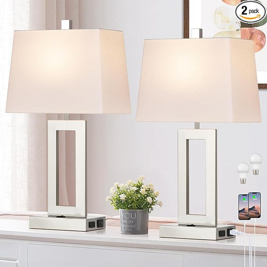 Table Lamp Set of 2 with USB C+A Ports & AC Outlet, Bedside Lamps, Modern Bedroom Lamps, Silver Lamps for Night Stands Bedroom Living Room,Nightstand Lamp - Bloomnest