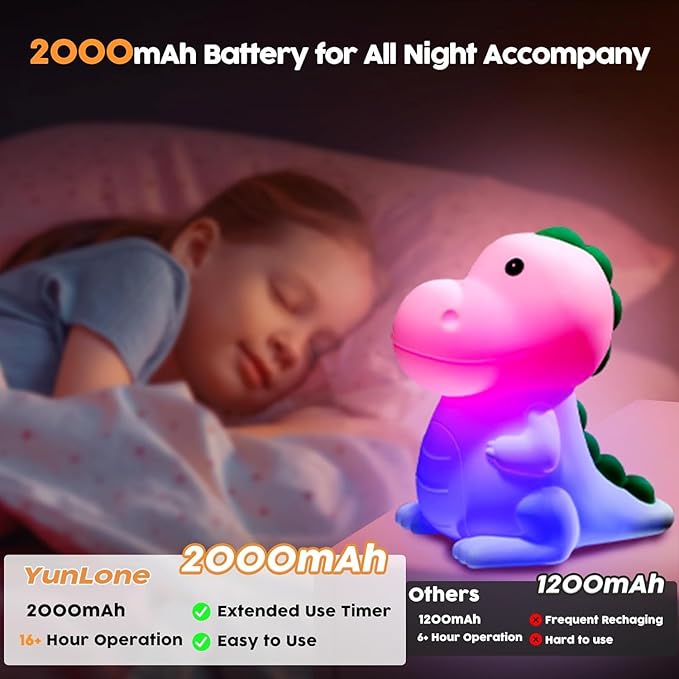 Kids Night Light Dinosaur Bedside Nursery Touch Lamp Dimmable with 7 Color Changing, Soft Squishy Silicone Cute Dino Night Lights Gifts for Kids Baby Room, Rechargeable for All-Night Use - Bloomnest