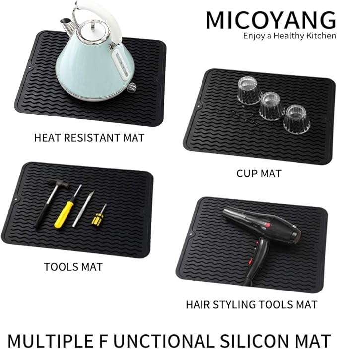 Silicone Dish Drying Mat for Multiple Usage,Easy clean,Eco-friendly,Heat-resistant Silicone Mat for Kitchen Counter or Sink,Refrigerator or drawer liner Black L 16 inches x 12 inches - Bloomnest