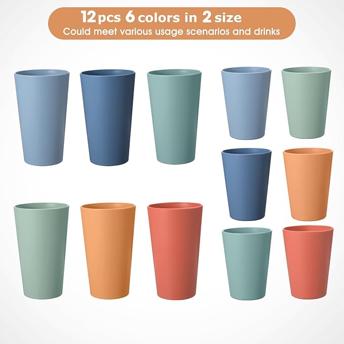Set of 12 Wheat Straw Cups, 6 Pcs 20 oz & 6 Pcs 12 oz Unbreakable Drinking Cups, Reusable Plastic Cups Sets, Water Glasses Tumblers, Microwave & Dishwasher Safe, Bpa Free, 6 Colors - Bloomnest