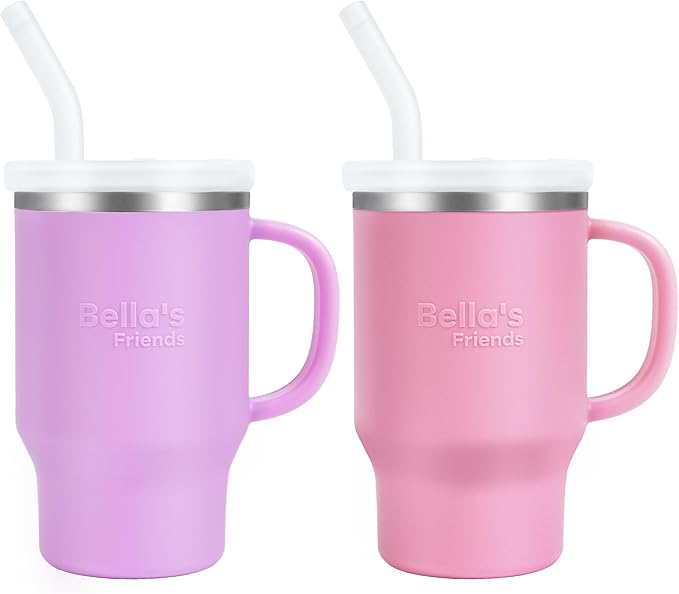 Bella's Friends Handy Mini Tumbler – Adorable 9 oz Toddler Sippy Cup, Stainless Interior & Silicone Body, Leak‑Proof, Dishwasher Safe, Gift for 1-3 Years Old Girls & Boys, 2 Pack, Lilac & Peony - Bloomnest