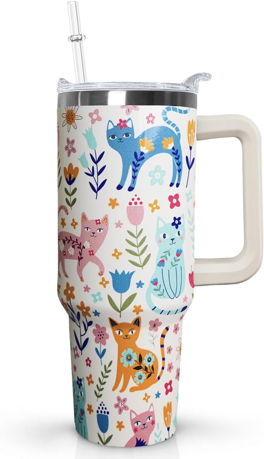 Ceovfoi 40 Oz Cat Tumbler With Handle, Coffee Travel Mug Cup Water Bottle, Cat Decor, Gifts for Women