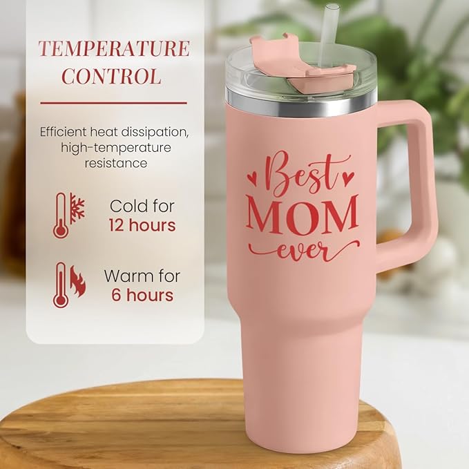 SANDJEST Mom Gifts Best Mom Ever Tumbler Stainless Steel 40oz with Handle Insulated Travel Cup - Mom Travel Coffee Mug, Mother's Day Christmas Birthday Gifts from Son Daughter - Bloomnest