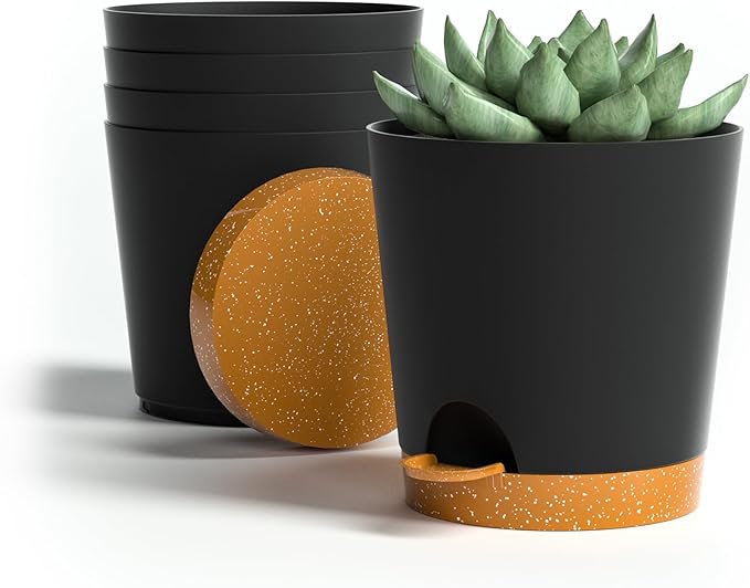 4 inch Small Plant Pots for Outdoor Indoor Plants, 5 Pack Planters with Drainage Holes and Tray, Small Self Watering Pots for Succulent,Cactus, Aloe and Other Plants (Black) - Bloomnest