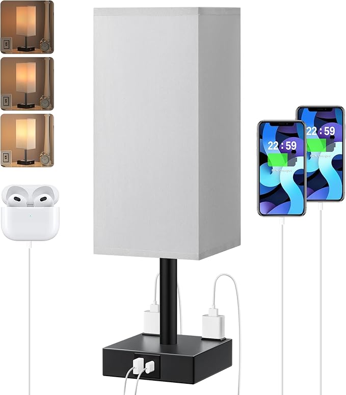 Touch Bedside Table Lamp For Nightstand - 3-Way Dimmable Night Lamp with USB A + Type C Charging Ports and two AC Outlets, Small Desk Light with E26 LED Bulb for Bedroom Living Room Office, Grey Black - Bloomnest