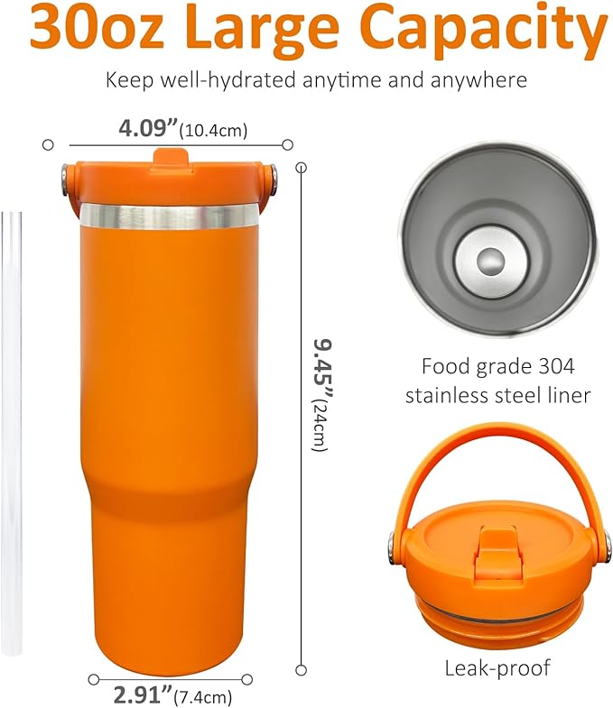 30 oz Tumbler with Handle, Double Wall Vacuum Insulated Tumblers with Flip Straw, Coffee Mug 30oz Powder Coated Cup for Hot and Cold Drinks(Orange,1 pack) - Bloomnest
