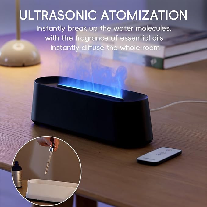 Essential Oil Diffuser, Fireplace Fire Flame Aromatherapy Diffuser, 250ml Cool Mist Humidifier, Scent Aroma Diffuser with 7 Colors Light, Remote Control, Timer & Auto-Off for Home, Room (Black) - Bloomnest