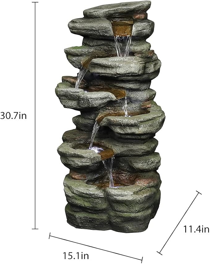 Naturefalls 30.7inches Outdoor Water Fountain - 6-Tiers Rock Waterfall Fountain with Led Lights for Home Garden Decor - Bloomnest