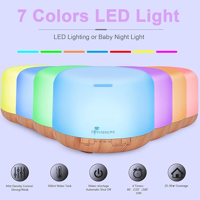 Diffuserlove Diffuser Essential Oil Diffusers 500ML Remote Control Aroma Diffuser Cool Mist Aromatherapy Diffuser with Mute Design, Timer and Auto Shut-Off for Office Living Room Yellow - Bloomnest