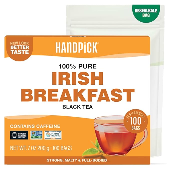 HANDPICK, Irish Breakfast Black Tea Bags (100 Count) Gluten-Free, Non-GMO | Strong, Robust & Bold Flavor | Round Eco-Conscious Tea Bags - Bloomnest