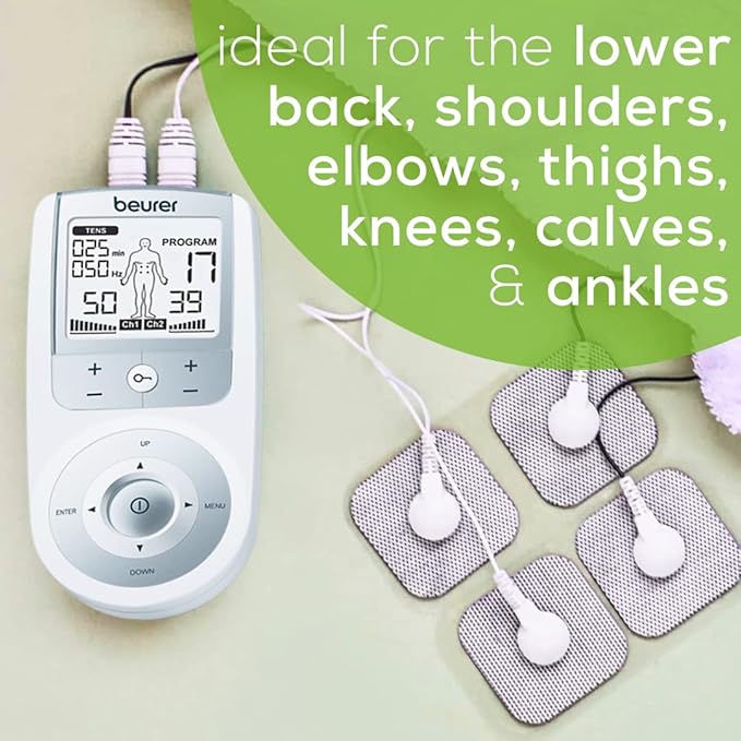 Beurer EM44 TENS Unit Muscle Stimulator with 50 Intensity Levels for Muscle Pain Relief, Muscle Stimulator Includes 4 Electrode TENS Pads, Belt Clip, and Batteries with Tens Machine BeurerNorthAmerica