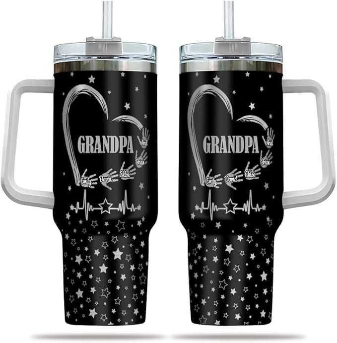 Personalized Grandpa Tumbler – Custom Name Gift With Heart, Stars & Handprints – Grandkids Signature Design – Father’s Day, Birthday, or Christmas - Bloomnest