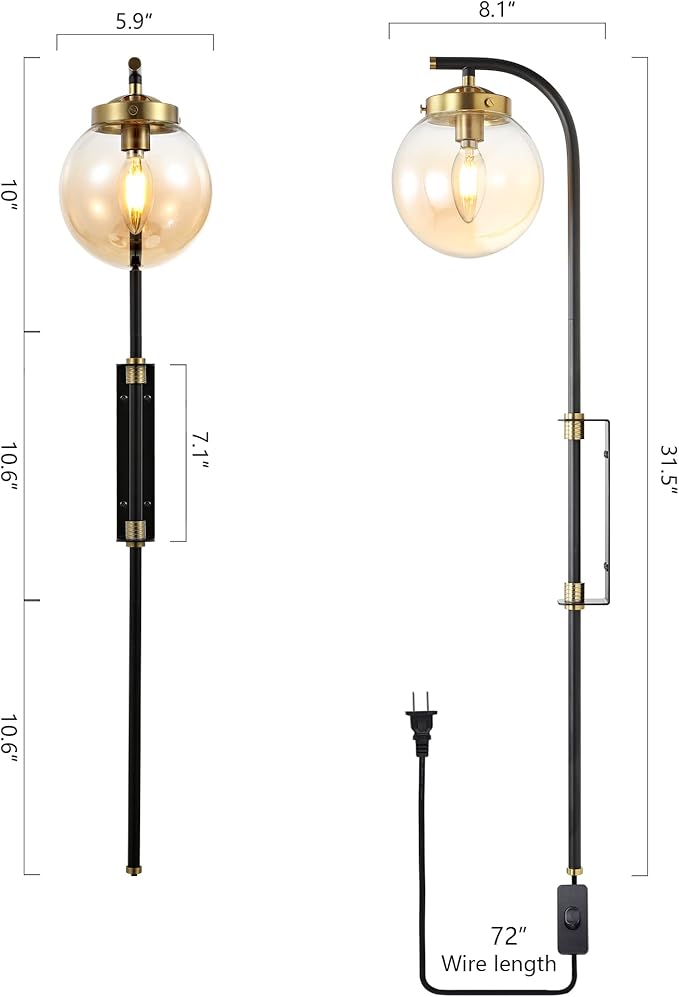 ELEHINSER Black Wall Sconces Set of 2 with Globe Shade, Modern Indoor Plug in Wall Lamps with Switch, Angle Adjustable Light for Bedroom Living Room Study Hallway Bedside - Bloomnest