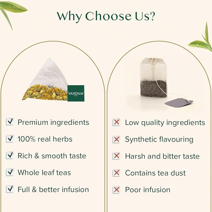 VAHDAM, Turmeric Moringa Tea Bags (100 Herbal Tea Bags) Caffeine Free, Non GMO | 100% Pure Herbal Blend - Sweet & Earthy | Resealable Ziplock Pouch - Bloomnest