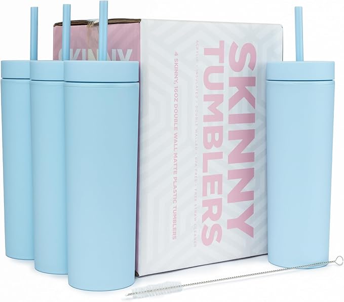 STRATA CUPS Perwinkle Skinny Tumblers with Lids and Straws (4 pack), 16oz Matte Pastel Colored Acrylic Tumblers with Lids and Straws, Double Wall Skinny Tumbler Bulk, Reusable Cup with Straw Cleaner - Bloomnest